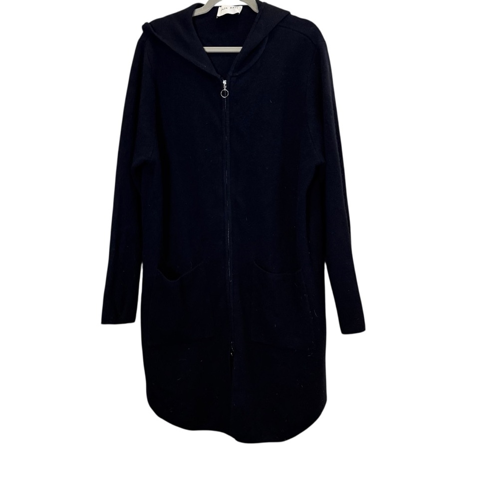 Baja East Surfwear Black Cashmere Hooded Zip Front Cardigan Sweater Coat Sz 3